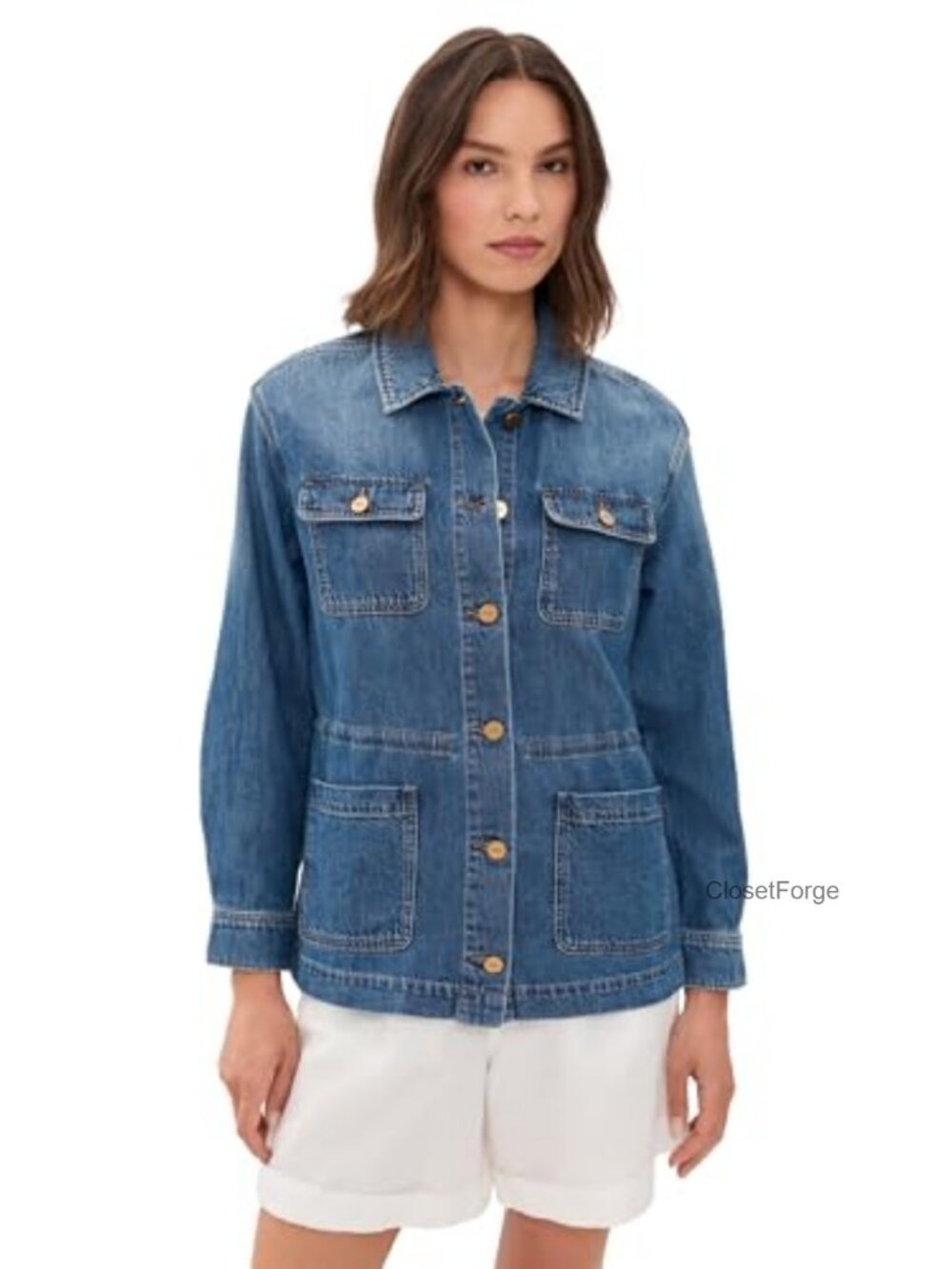 Mid-weight Non-stretch Denim Jacket with Drawstring and Button Placket